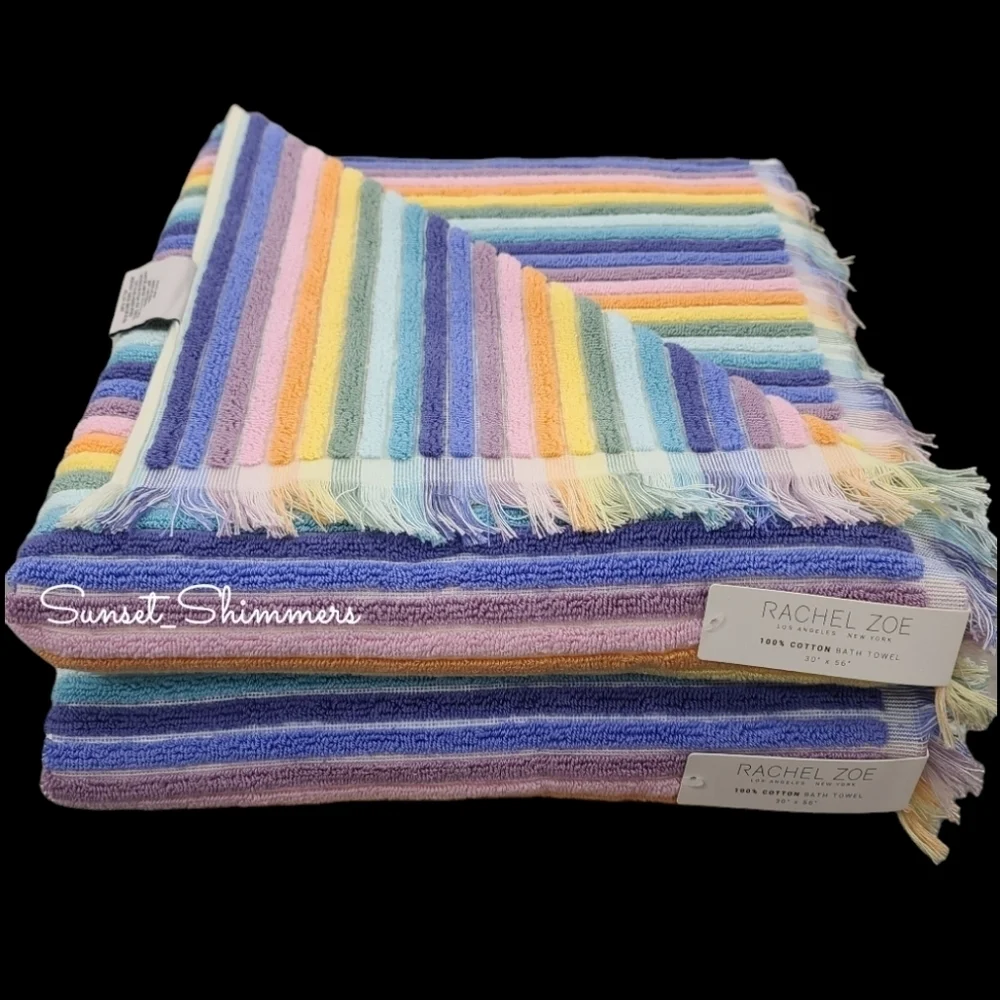 2 Piece Rachel Zoe Cotton Pastel Rainbow Striped Bath Towel Set New